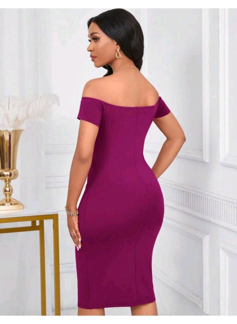 SHEIN Lunessa Women's Off-The-Shoulder V-Neck Fitted Bodycon Dress - Image 5